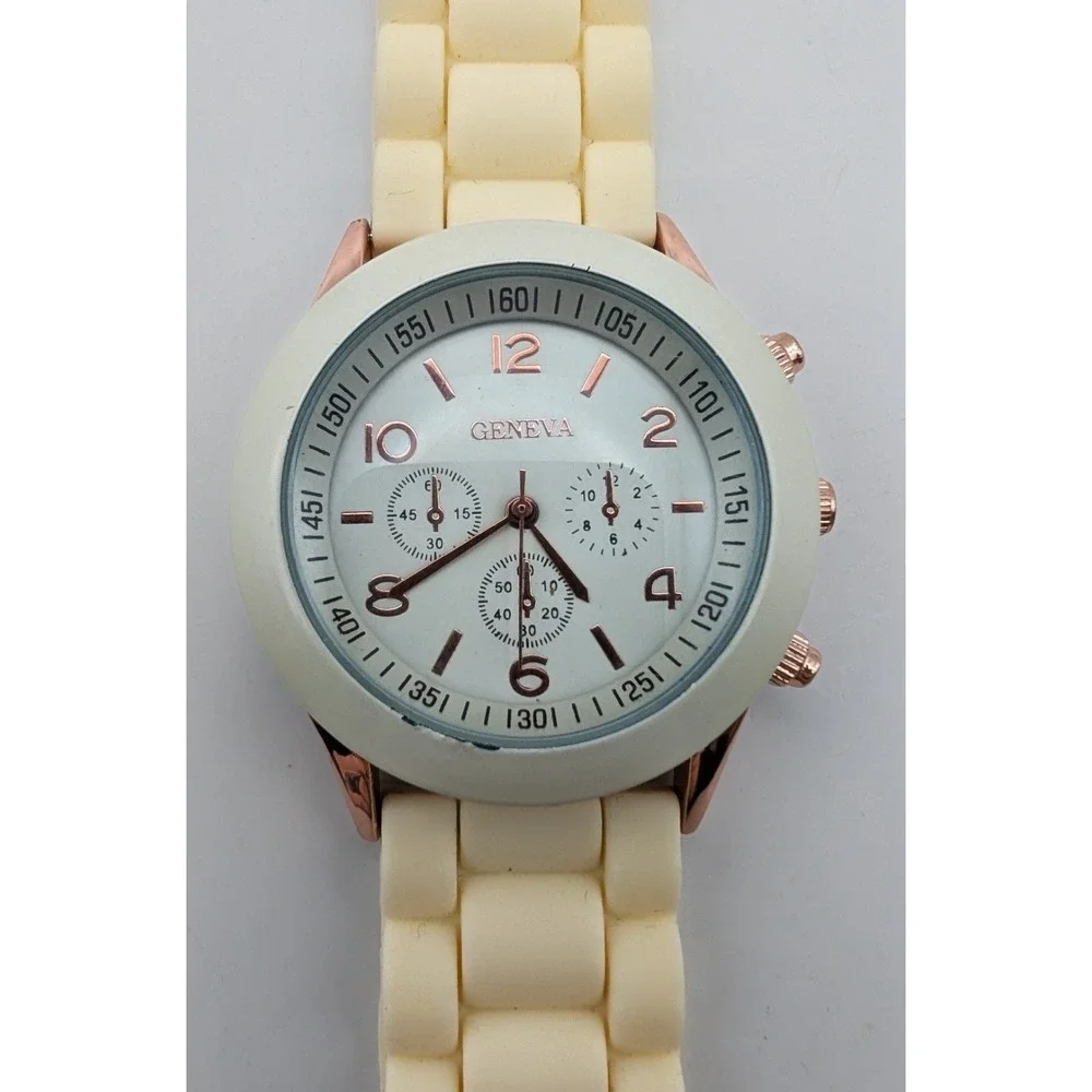 GENEVA Watch Off White And Rose Gold, Silicone‎ Strap Wristband New Battery